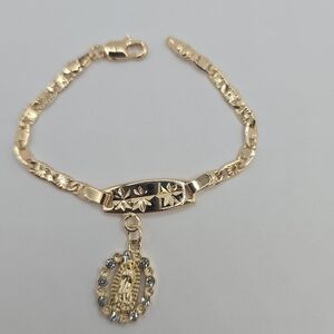 ID BRACELET with virgin Mary clear stones gold-plated 7"inches